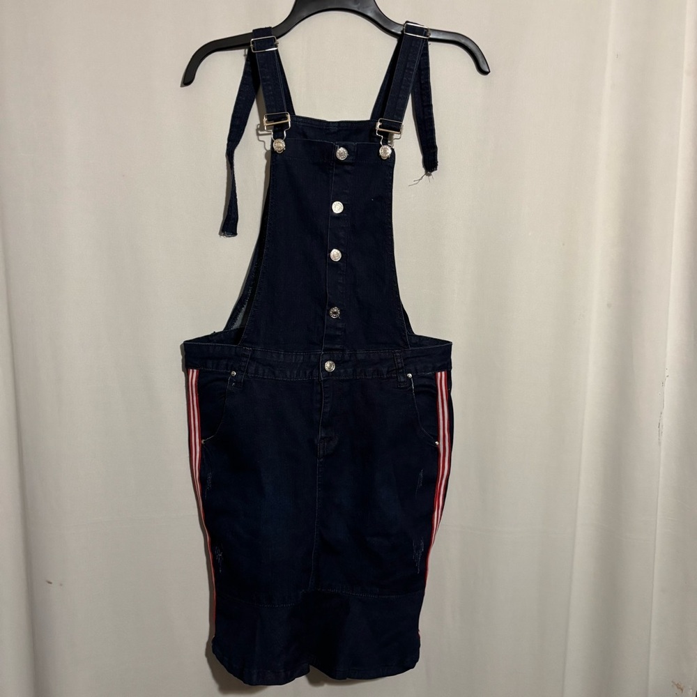 Unbranded XL Dark Wash Denim Bib Overalls Skirt with Side Red White Stripes - Picture 2 of 7